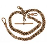 Yellow metal watch chain with T bar and jewellery clasps, 37cm in length, 38.0g : For further