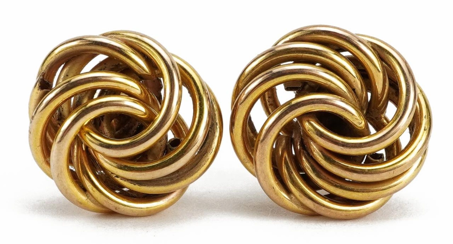Pair of 9ct gold knot design stud earrings, 1.2cm in diameter, 1.9g : For further information on