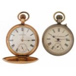 Two gentlemen's pocket watches comprising gold plated full hunter Waltham and open face Saqui &