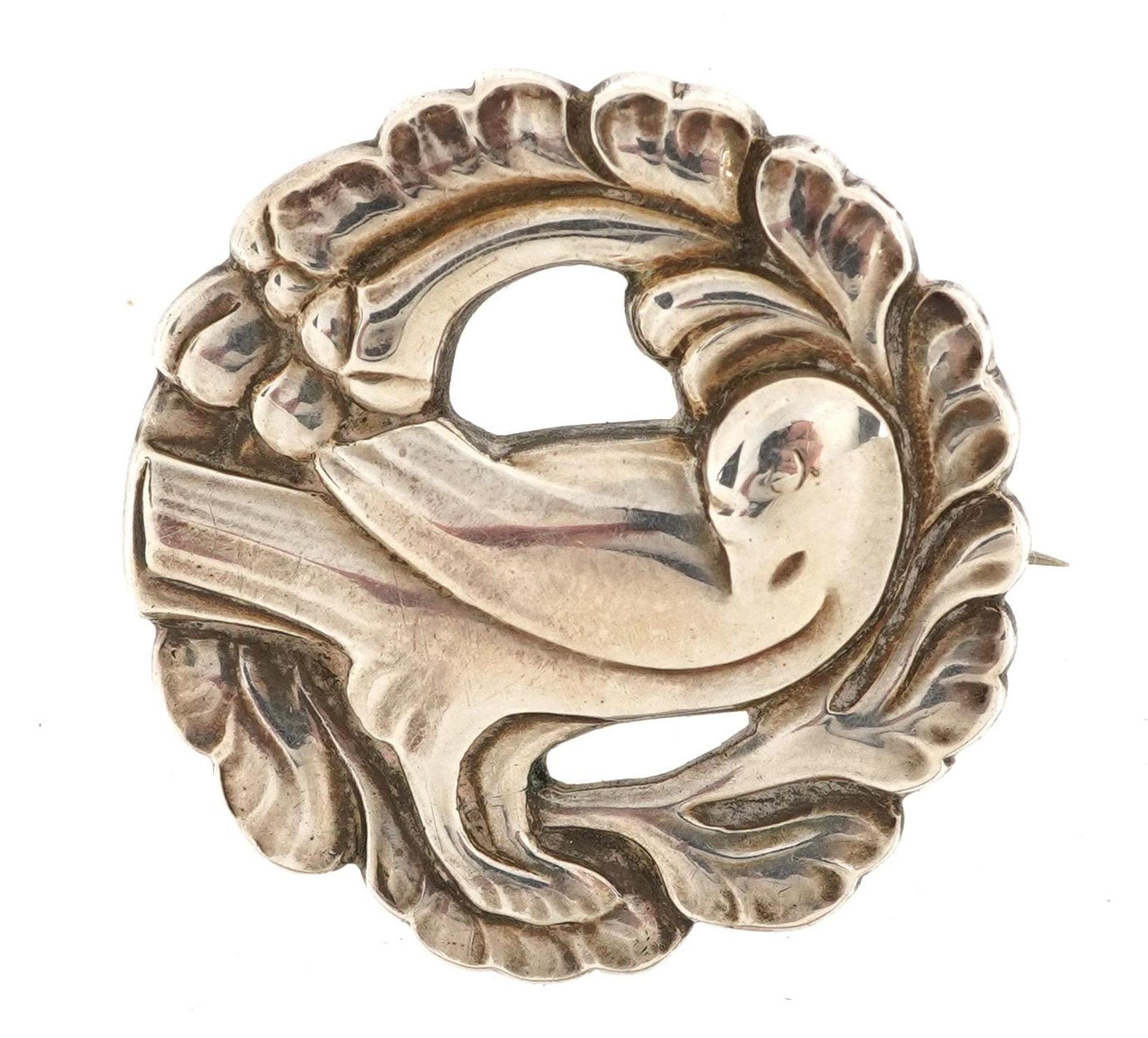 Kristian Moehl Hansen for Georg Jensen, sterling silver circular bird wreath brooch numbered 134,