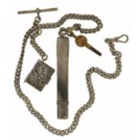 Silver watch chain with T bar, pencil, miniature book and watch key, the chain 36cm in length, total