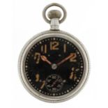 Waltham, British military issue open face pocket watch with black painted dial, the case engraved
