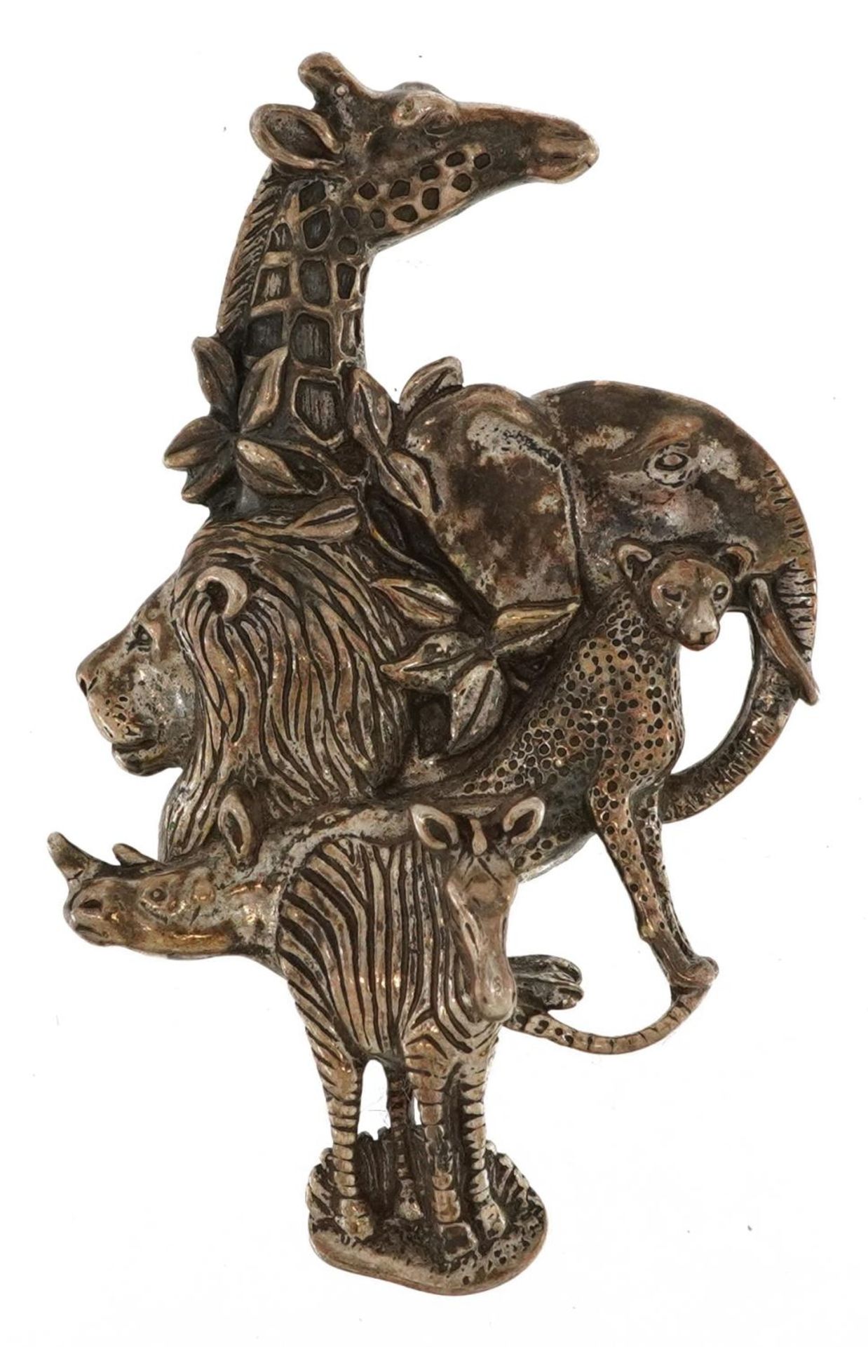 Sterling silver brooch cast various African animals including a giraffe, lion, elephant and zebra,