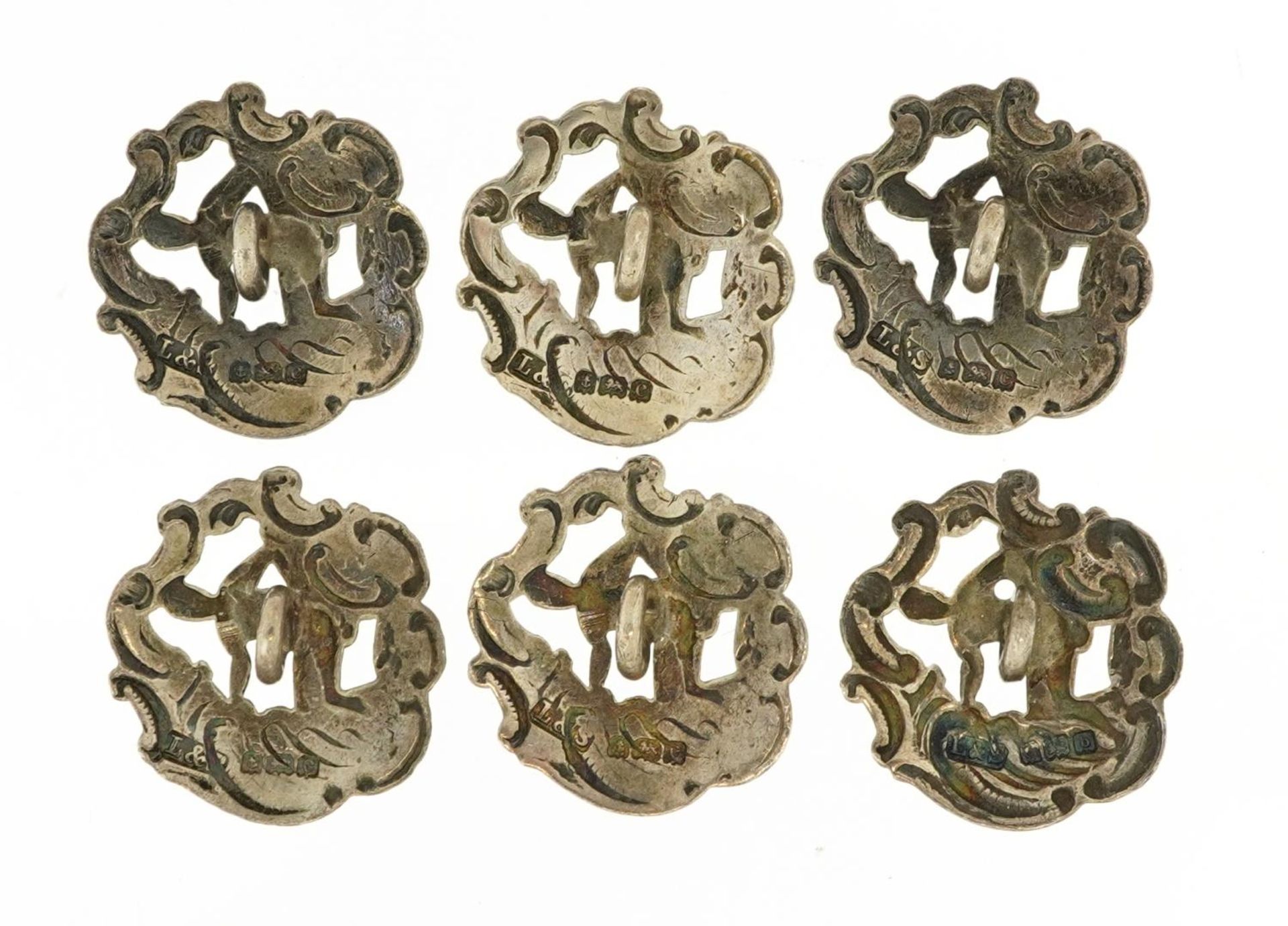 Set of six Edwardian silver buttons embossed with figures, Birmingham 1902, each 2.0cm in - Image 2 of 3