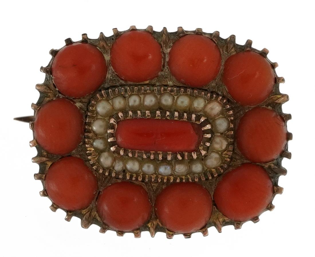 Victorian yellow metal cabochon coral and seed pearl brooch, 2.0cm wide, 4.8g : For further