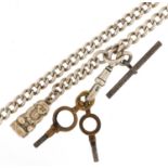 Gentlemen's silver watch chain with T bar, charm and two watch keys, total 41.3g : For further