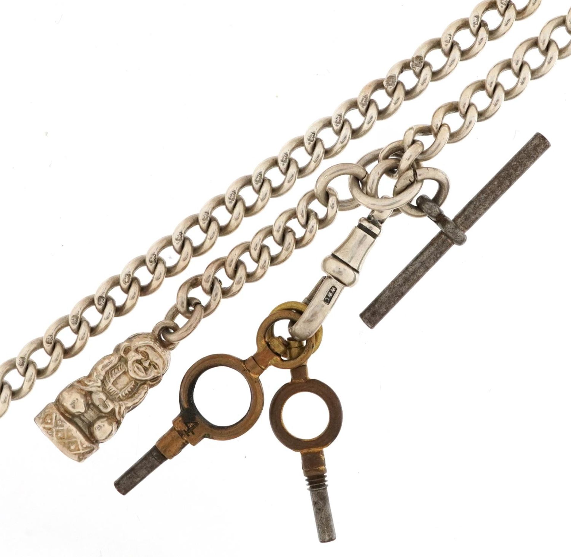 Gentlemen's silver watch chain with T bar, charm and two watch keys, total 41.3g : For further