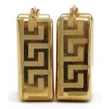 Pair of Modernist 9ct gold Greek key design hoop earrings, 2.3cm high, 4.8g : For further