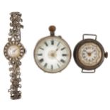 Three ladies silver watches comprising wristwatch set with clear stones, wristwatch with enamelled