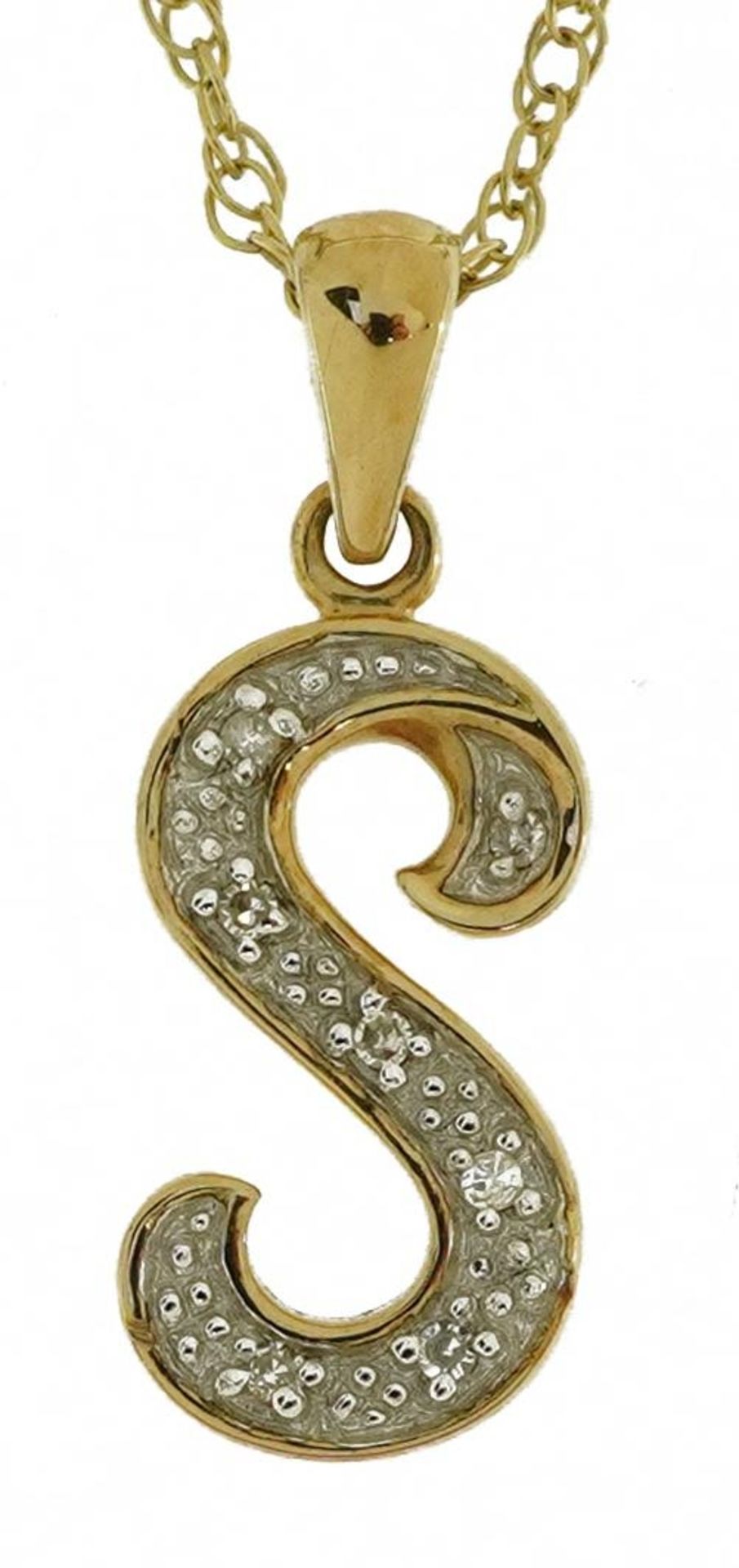 9ct gold diamond initial S pendant on 9ct gold necklace with Danbury Mint certificate of