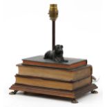 19th century style stack of books design table lamp with bronzed Sphynx, rectangular oak base on