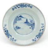 Chinese blue and white porcelain shallow bowl hand painted with a river landscape, 14.5cm in