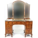 Inlaid burr walnut dressing table with seven drawers and triple aspect mirrored back, 160cm H x