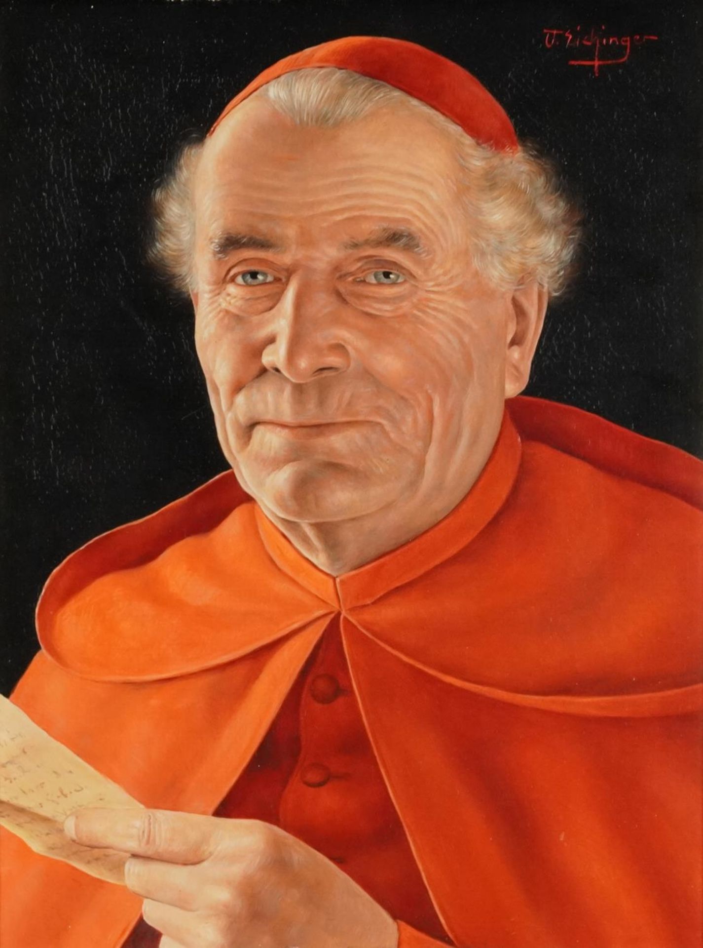 Otto Eichinger - Portrait of a cardinal holding a document, Austrian oil on board, mounted and