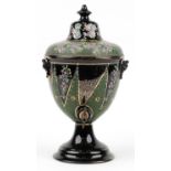19th century porcelain lidded samovar with brass handles and tap hand enamelled with panels of