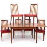 Mid century Meredew teak extending dining table with six G Plan chairs, the table 73cm H x 86cm D