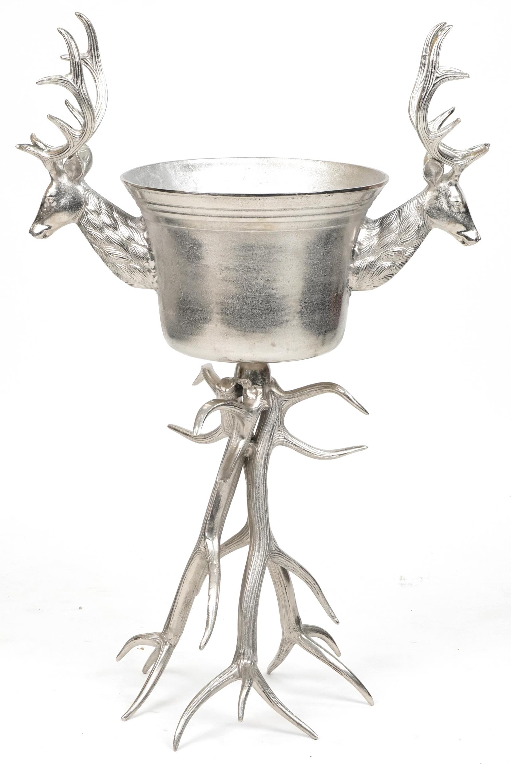 Brutalist style silvered metal floor standing ice bucket with two stag's heads, 105cm high x 70cm - Image 3 of 3