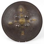 Antique Indian iron Dhal shield with applied brass deities, 44cm in diameter : For further