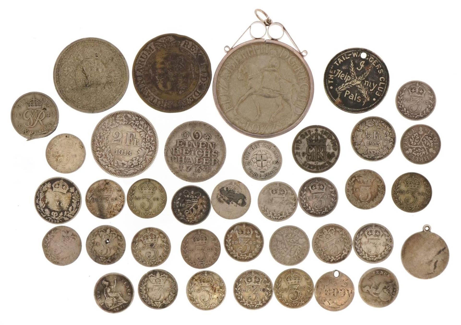 Antique and later British and world coinage, some silver, including 1977 commemorative crown with