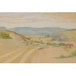 Greta Ward - View Across the Valley, 20th century watercolour, The Beaufort Gallery, London label