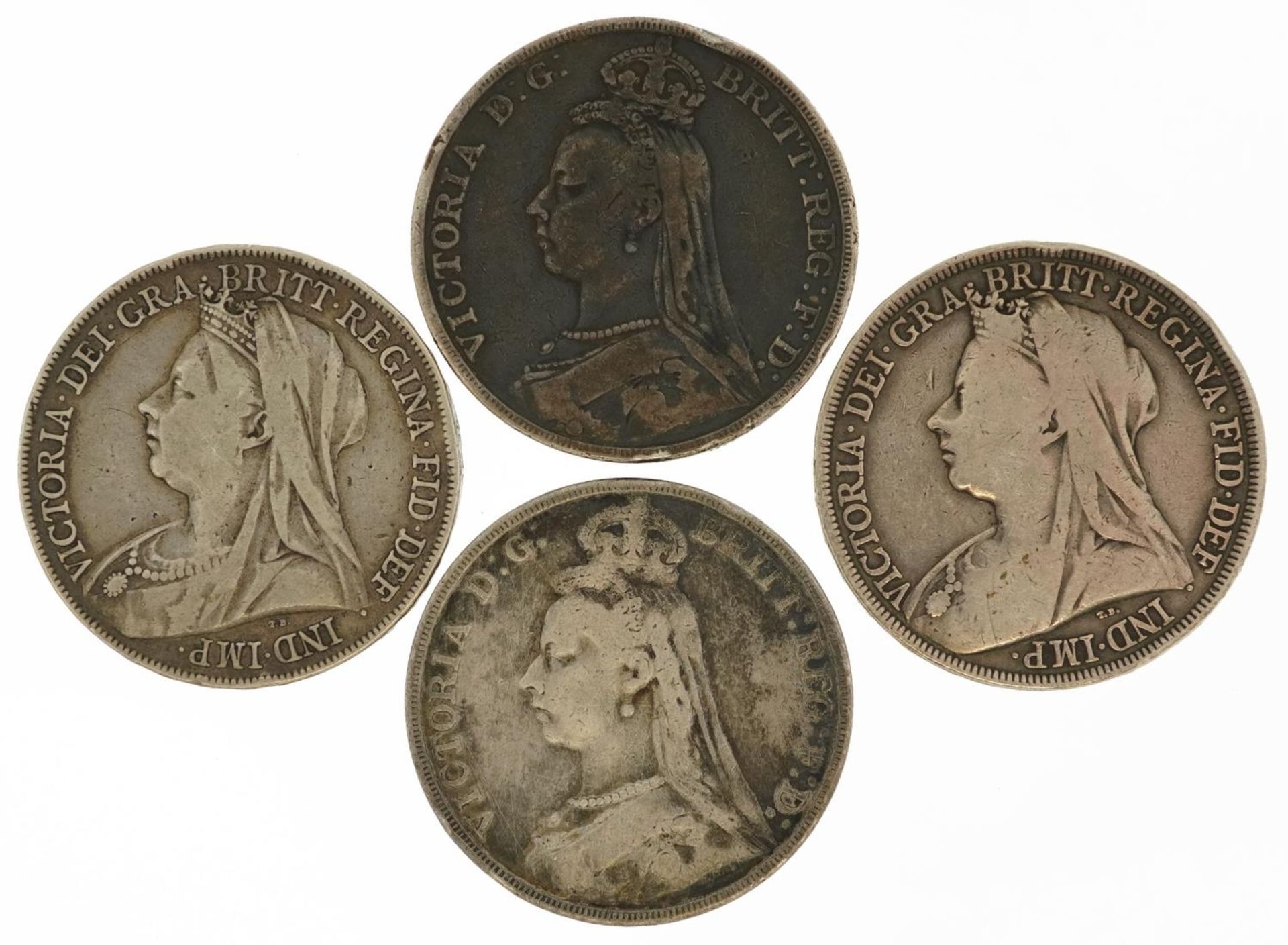 Four Queen Victoria silver crowns comprising dates 1889, 1890, 1896 and 1899 : For further - Image 2 of 2