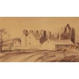 Mona Moore 1940 - Rural landscape with farm buildings and ruins, sepia watercolour, chalk marks