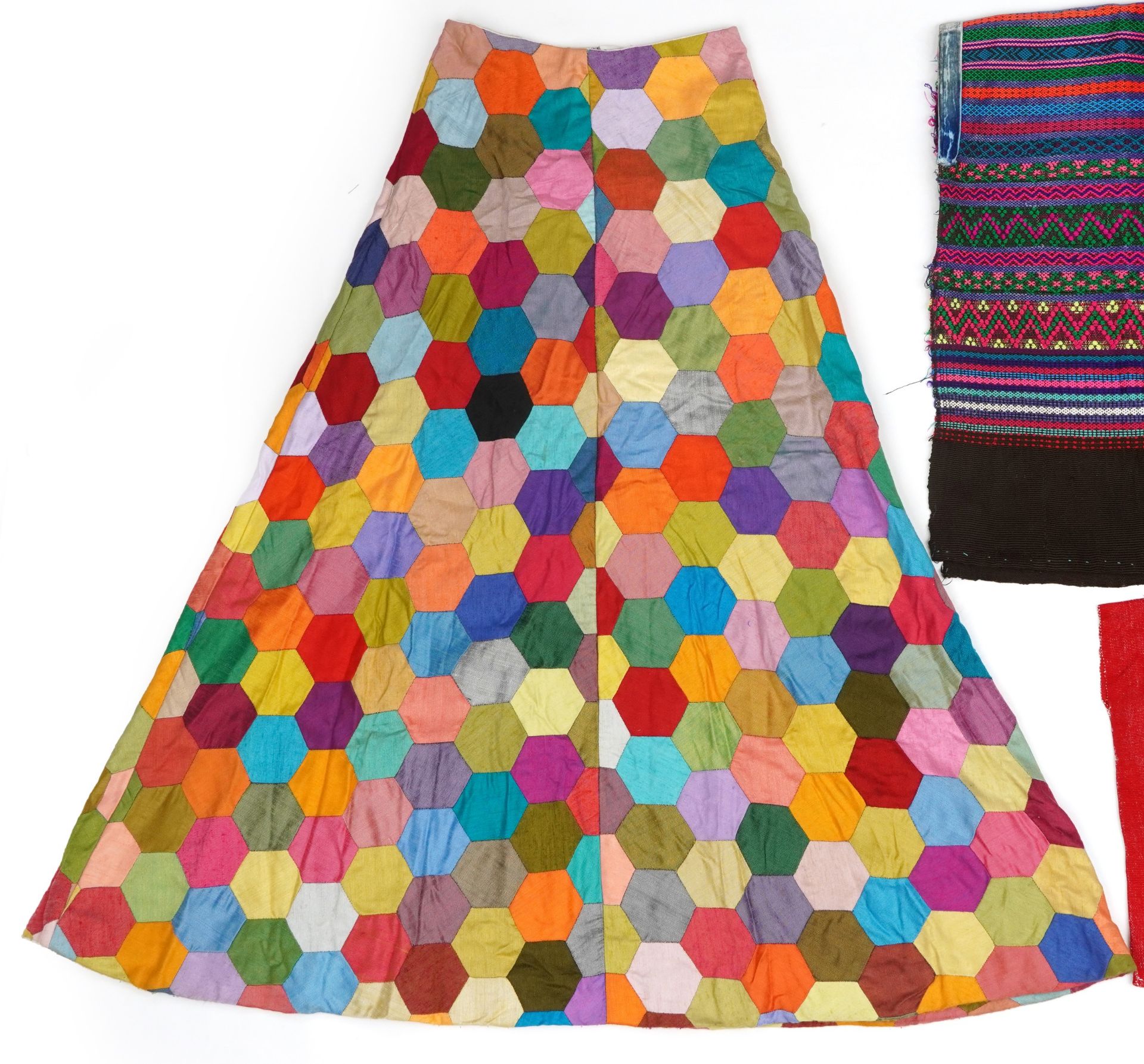 Vintage hexagonal patchwork skirt, patterned Hungarian poncho and one other, the largest 103cm in - Image 2 of 6