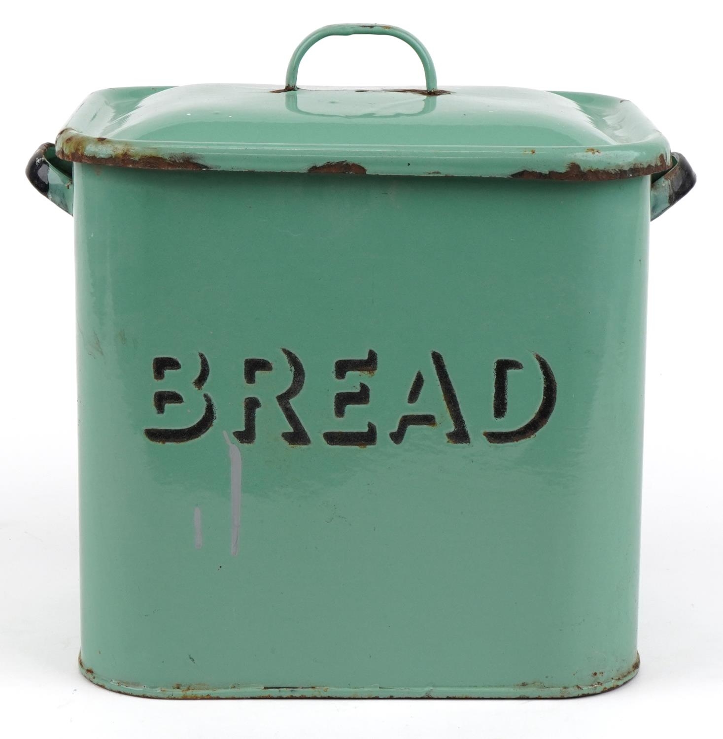 Vintage green enamelled metal bread bin and cover, 33cm H x 34cm W x 25cm D : For further