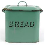 Vintage green enamelled metal bread bin and cover, 33cm H x 34cm W x 25cm D : For further