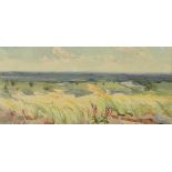 Panoramic rural landscape, watercolour, possibly Russian, signed and inscribed in Cyrillic, mounted,