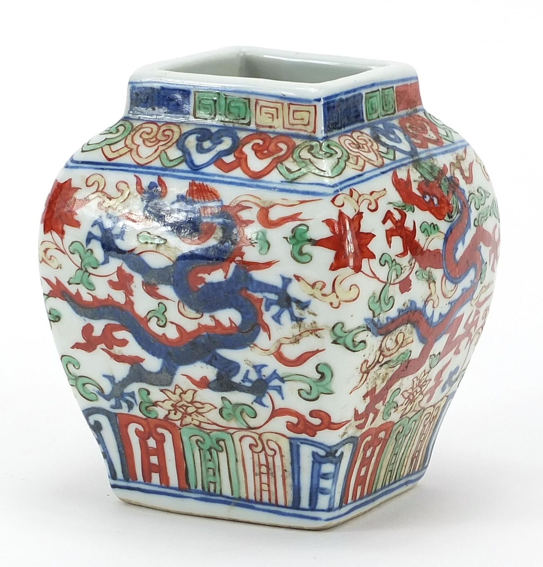 Chinese wucai porcelain square section vase hand painted with dragons, six figure character marks to - Image 2 of 3