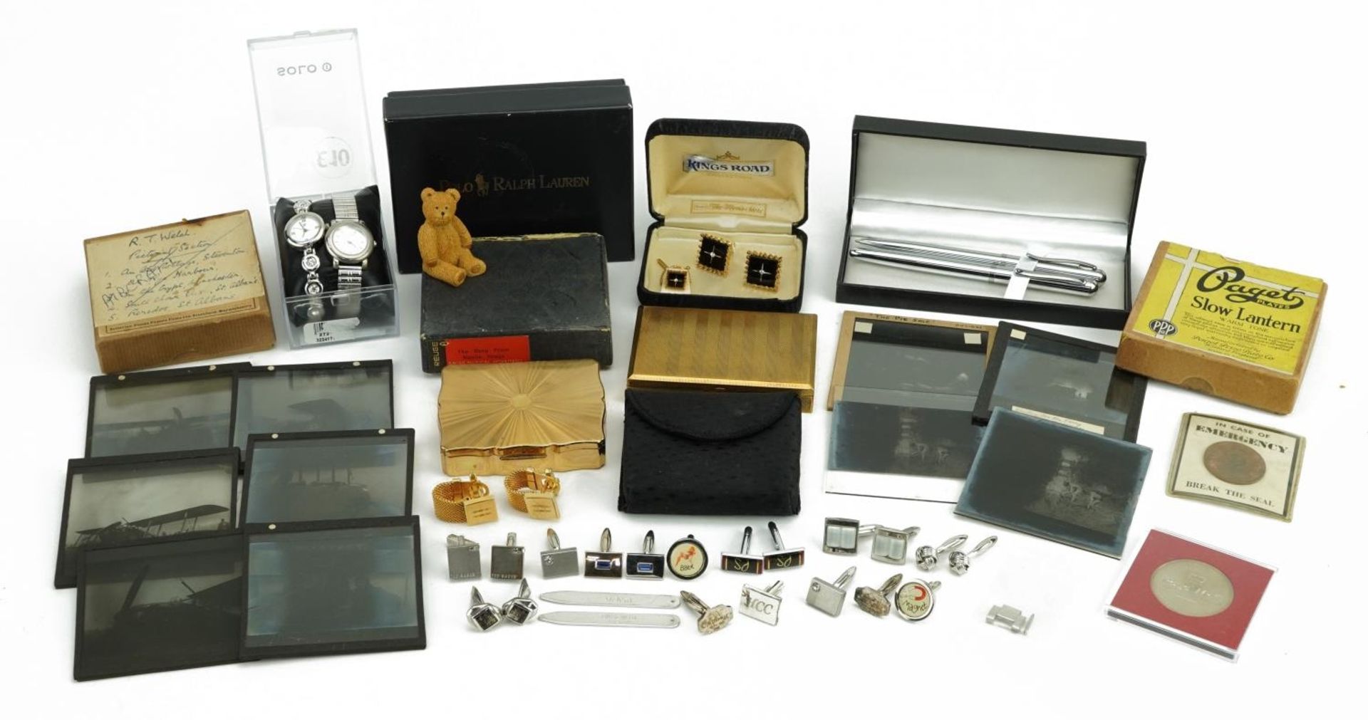 Sundry items including pens, wristwatches, cufflinks and Reuge Stratton compact : For further