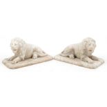 Pair of classical carved white marble recumbent lions, each 20cm wide : For further information on