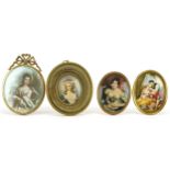 Four oval portrait miniatures including an example hand painted with four figures beside a tree