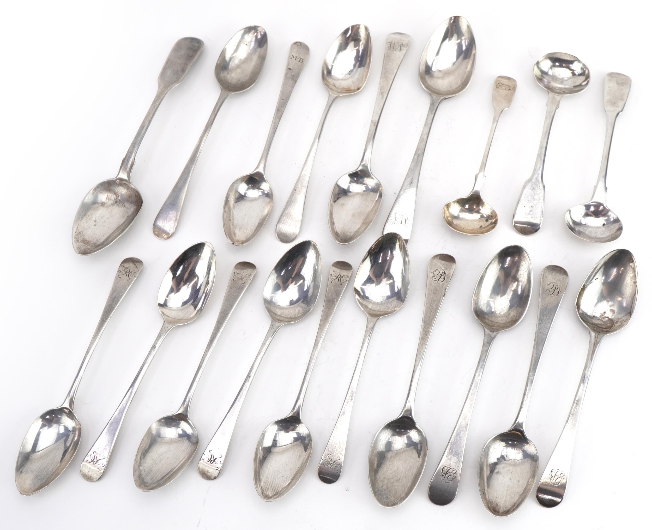 Collection of Georgian and later silver spoons including a set of six by Josiah and George Piercy,