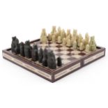 Medieval design chess set with folding chessboard having mother of pearl inlay, 42cm wide : For