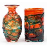 Two Mdina red mottled art glass vases with blue trailing, one with remnants of paper label, the