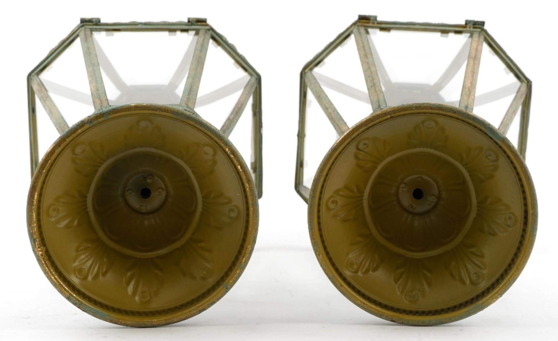 Pair of partially gilt metal hanging lanterns with glass panels, each 71cm high : For further - Image 3 of 3