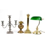 Metalware and sundry items including brass bankers lamp with adjustable glass shade, three branch