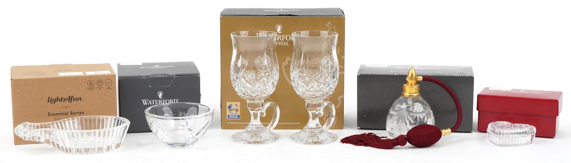 Waterford Crystal glassware, some with boxes including love heart trinket box, pair of Irish