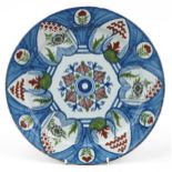 18th century Delft tin glazed charger hand painted with flowers, 33cm in diameter : For further
