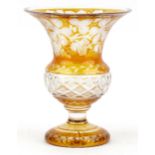 Bohemian amber flashed cut glass vase etched with leaves and berries, 16.5cm high : For further