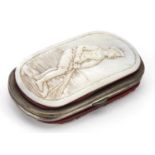 Early 20th century mother of pearl coin purse carved with a fisherman pulling in his catch, 8cm wide