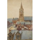 Town scene with church spire, Modern British watercolour, indistinctly signed, possibly T M Sig...?,