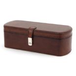 Brown leather three watch collector's box, 8cm H x 5.5cm W x 10.5cm D : For further information on