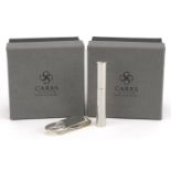 Carrs, silver stag head money clip and toothpick case with boxes, the largest 7.5cm in length, total