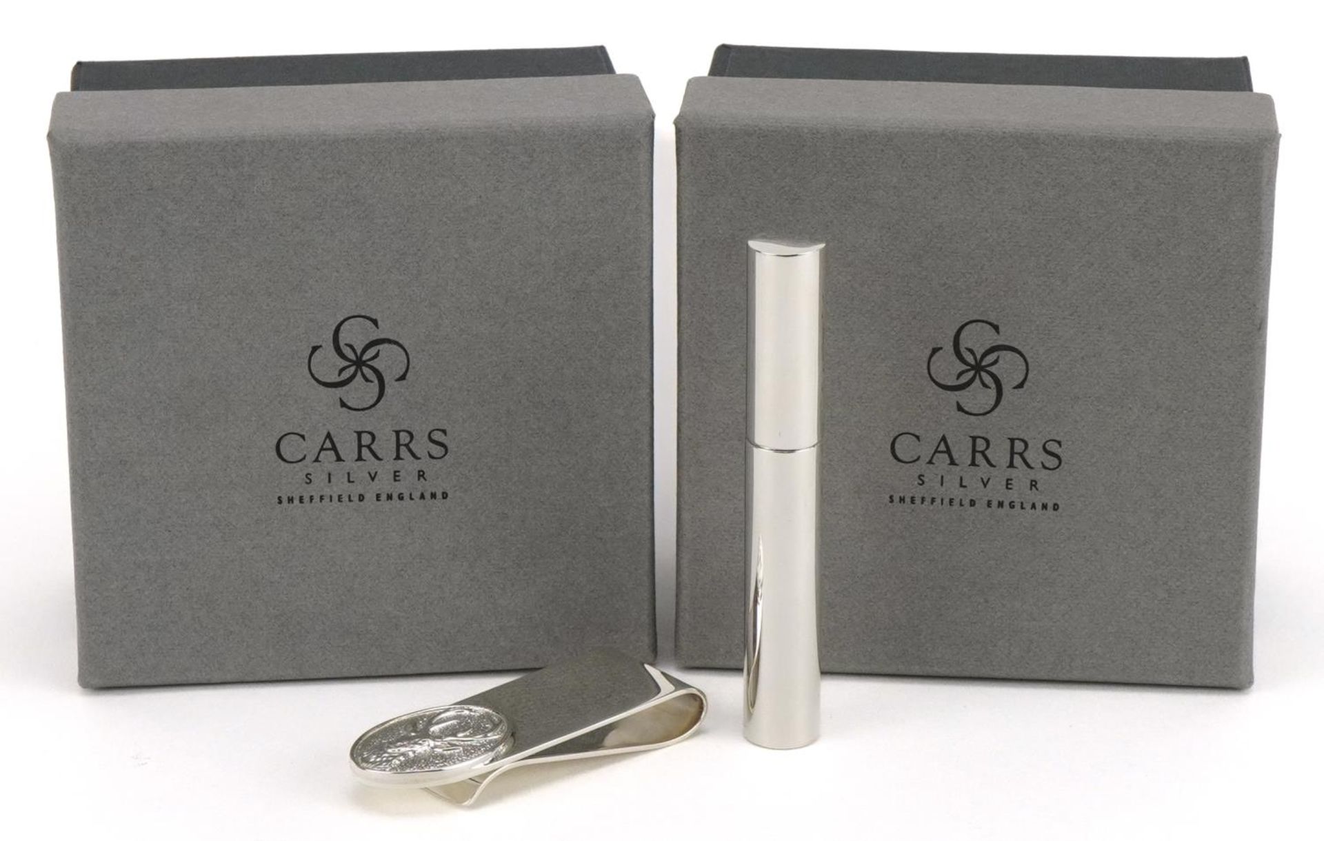 Carrs, silver stag head money clip and toothpick case with boxes, the largest 7.5cm in length, total
