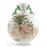 Chinese porcelain moon flask with animalia twin handles hand painted in the famille rose palette