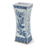 Chinese blue and white porcelain opium pillow hand painted with panels of birds on branches and