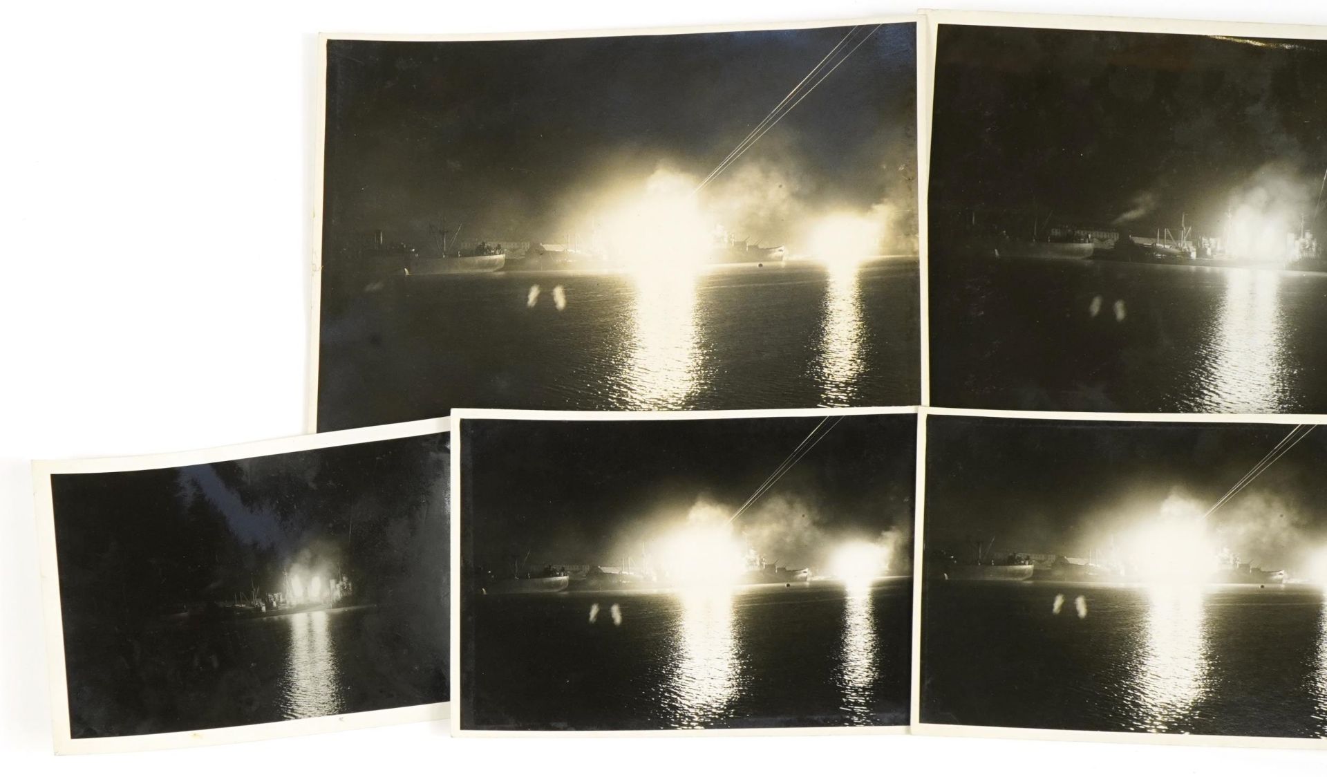 Six British military World War II naval photographs of ship explosions, each with Ministry of - Bild 2 aus 6